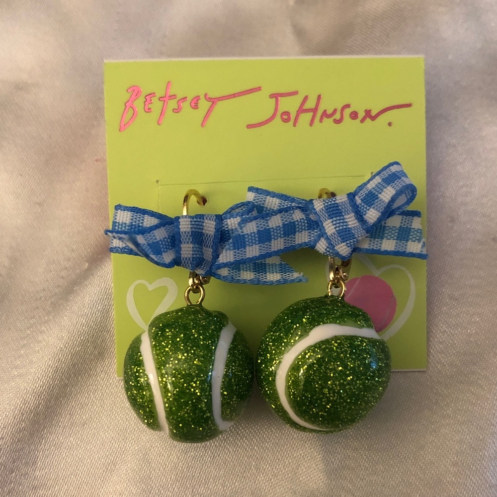 Betsey Johnson Blue Gingham Bow & Green Glitter Tennis Ball Drop Earrings NWT